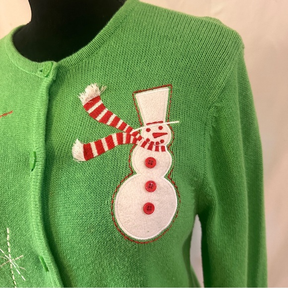 Crystal Kobe Christmas Cardigan Sweater Sm Green Felt Snowman Stitched - Picture 4 of 11